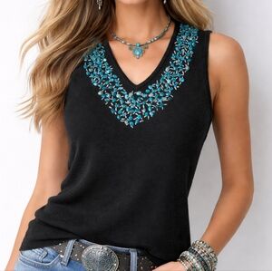 Double D Ranch Beaded Linen Knit Tank Top Turquoise Western XS